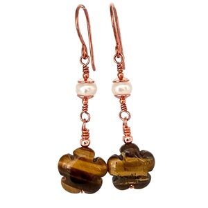 Tiger eye & Freshwater Pearl Wire Wrapped Dangle Earrings in Hand Forged Copper